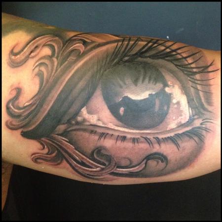 Tim Mcevoy - Realisitc black and grey eye with filigree tattoo, Tim McEvoy Art Junkies Tattoos